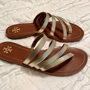 Tory Burch Patos Metallic Slides Sandals